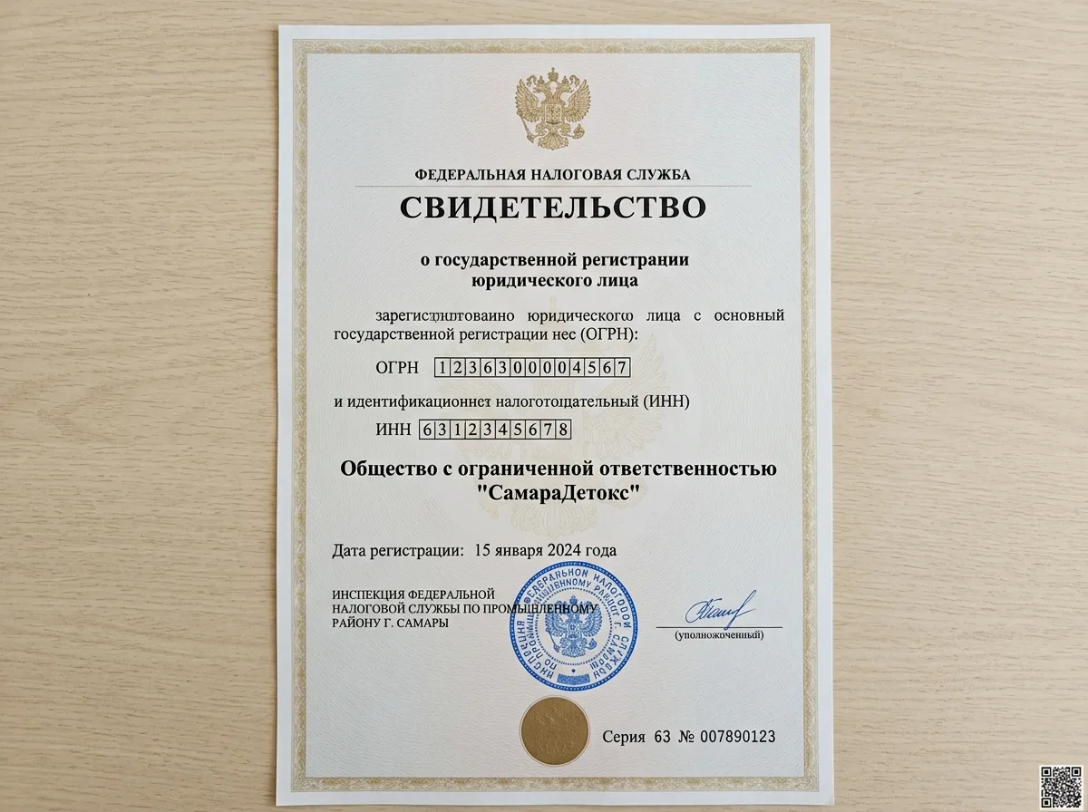Свидетельство о государственной регистрации юридического лица ООО СамараДетокс, официальный документ ФНС